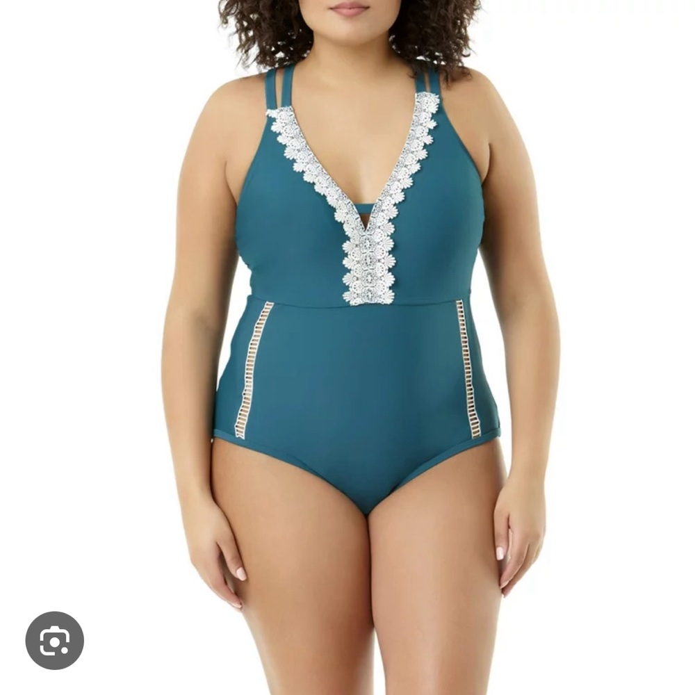Time and Tru One Piece Teal Lace V Neck Swimsuit 1x